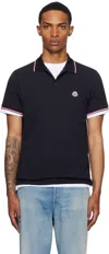 Moncler Cotton Pique Polo Shirt With Tricolor Trim In Blue