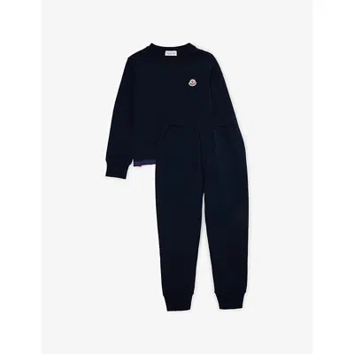 Moncler Kids' Navy Tricolour-trimmed Cotton Tracksuit Set 4-10 In Blue