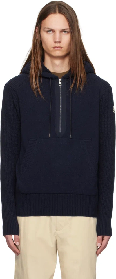 Moncler Navy Wool & Cashmere Hoodie In 745 - Dark Blue