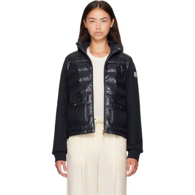 Moncler Navy Zip Up Cotton Fleece Down Cardigan In Black