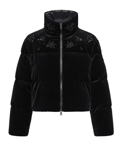 Moncler Nelles Sequin-embroidered Velvet Short Down Jacket In Black