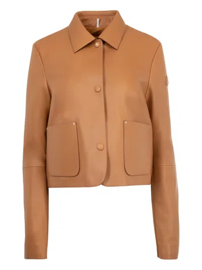 Moncler Nemours Leather Quilted Jacket In Cognac