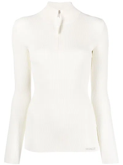 Moncler White Zip Up Knitted Sweatshirt In Weiss