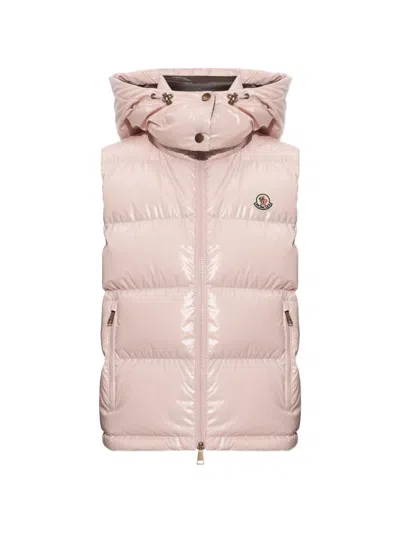Moncler Padded Hooded Gilet With Zip Front And Zipper Pockets In Pink