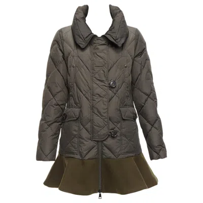 Pre-owned Moncler Norme Afnor Khaki Quilted Virgin Wool Blend Frill Hem Coat Sz1 M In Black