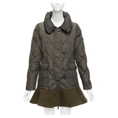 Pre-owned Moncler Norme Afnor Khaki Quilted Virgin Wool Blend Frill Hem Coat Sz1 M In Black