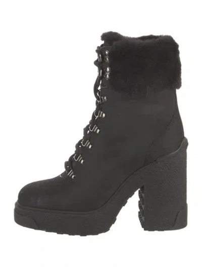 Pre-owned Moncler Nubuck Faux Fur Trim Lace-up Boots In Black