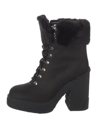 Pre-owned Moncler Nubuck Faux Fur Trim Lace-up Boots In Black
