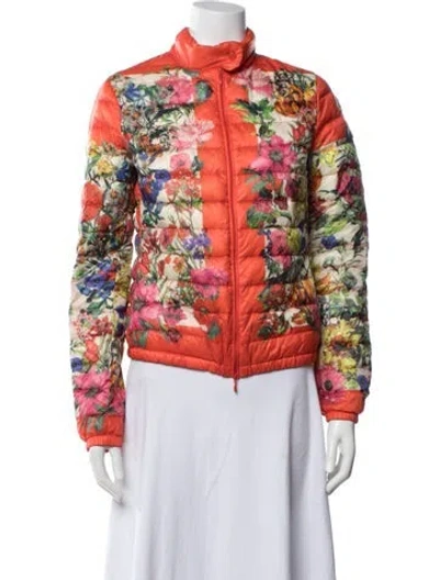 Pre-owned Moncler Nylon Floral Print Down Jacket In Orange