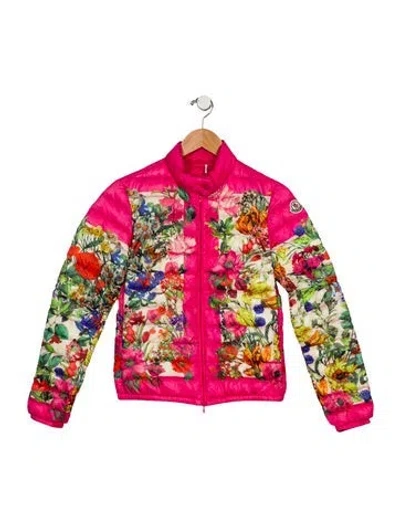 Pre-owned Moncler Nylon Floral Print Down Jacket In Pink