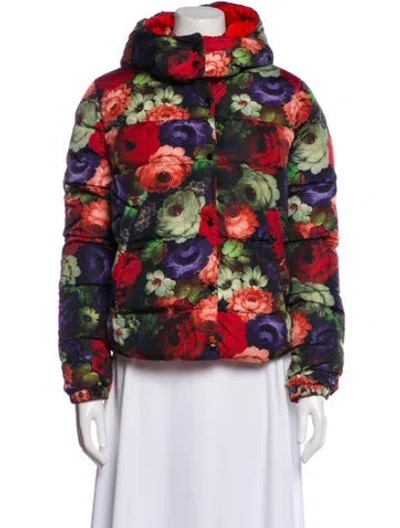Pre-owned Moncler Nylon Floral Print Down Jacket In Red