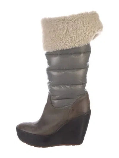 Pre-owned Moncler Nylon Fur Trim Boots In Brown/grey