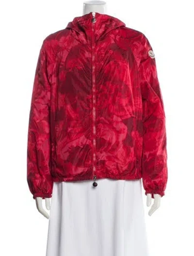 Pre-owned Moncler Nylon Printed Faux Fur Jacket In Red