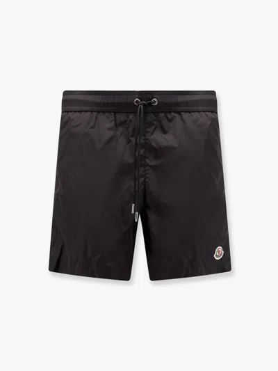 Moncler Nylon Swim Trunk With Frontal Logo Patch In Black
