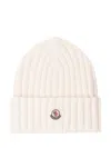 Moncler Ribbed Beanie With Embroidered Logo Detail In Neutral