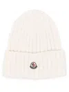 Moncler Ribbed Beanie With Embroidered Logo Detail In Neutral