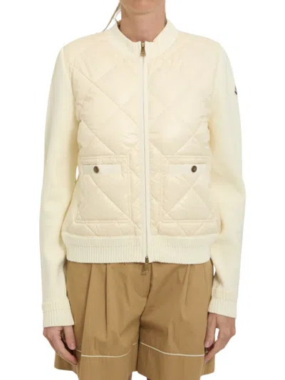 MONCLER OFF WHITE QUILTED MOCK COLLAR SWEATER