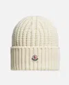 Moncler Off White Ribbed Texture Logo Beanie Hat In White