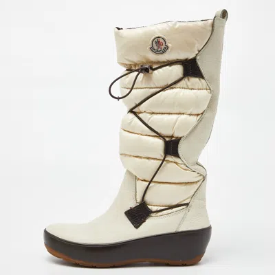 Pre-owned Moncler Off White Satin And Leather Snow Boots Size 39