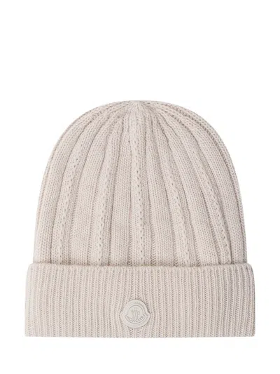 Moncler Off White Textured Beanie Cap In Neutral