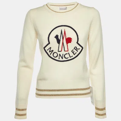 Pre-owned Moncler Off White Wool Knit Logo Embroidered Crewneck Sweatshirt M