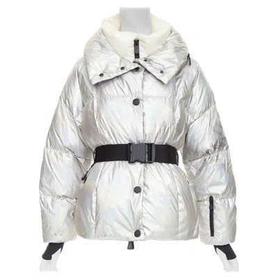 Pre-owned Moncler Ollignan Holographic Silver Duo Collar Belted Puffer Ski Jacket Sz.0 Xs