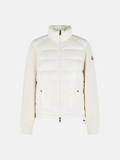 Moncler Open Zip Sweater In Ivory White Cotton Blend