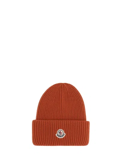 Moncler Orange Logo Textured Beanie Hat In Brown