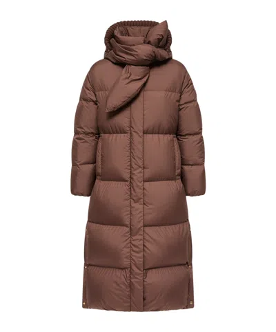 Moncler Ornement Hooded Long Down Jacket In Brown