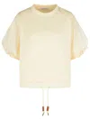 Moncler 'drawstring Hem Puff Sleeves Ribbed Cuffs T-shirt' In Ivory