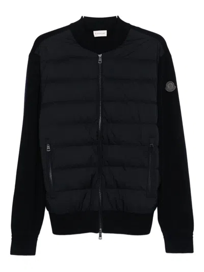 Moncler Padded Zip Front Jacket With Wool Sleeves In Black