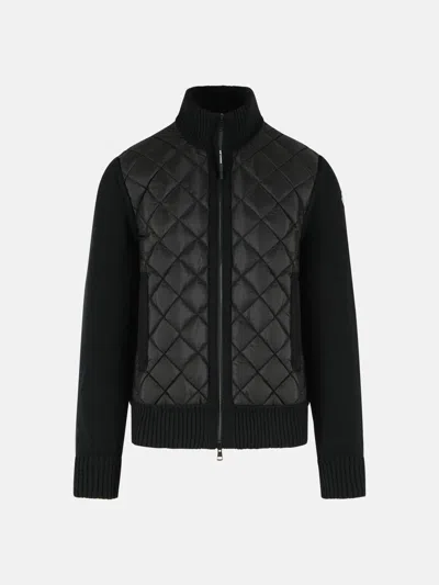 Moncler Padded Cardigan In Black Virgin Wool Blend With Zip