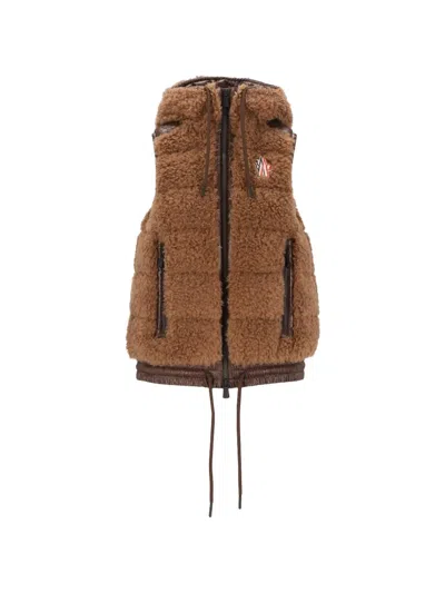 Moncler Hooded Padded Shell-trimmed Plush Down Ski Vest In Brown