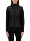 Moncler Black Quilted Cardigan With High Neck And Logo Patch On The Sleeve In Wool And Tech Fabric B In Black