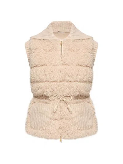 Moncler Padded Knit Gilet With Waist Belt And Faux Fur Texture  In Neutral