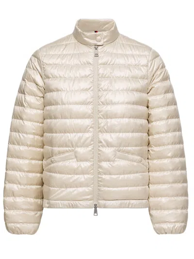 Moncler Padded Nylon Long-season Coat With Snap Collar In Bianco