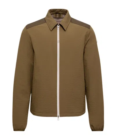 Moncler Padded Seersucker Zip-up Shirt In Brown
