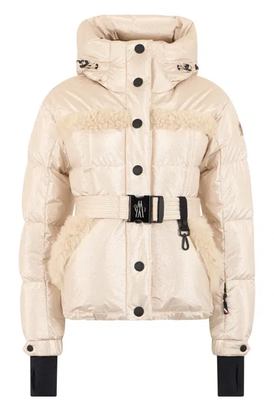 Moncler Padded Ski Jacket Mondim With Hood And Shearling Detail In Neutral