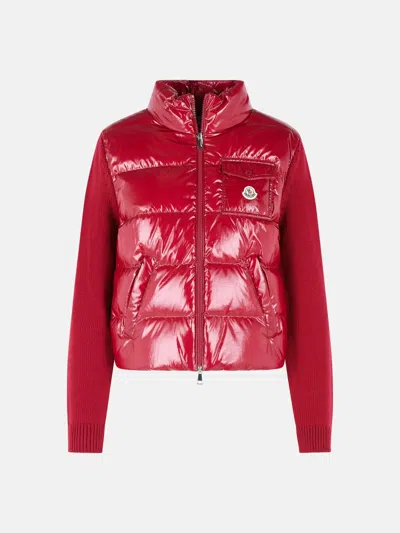 Moncler Padded Virgin Wool Cardigan With Cherry Pink Zip In Red