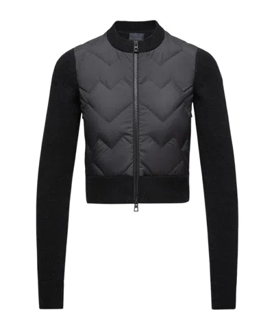 Moncler Padded Wool Blend Zip-up Cardigan In Black