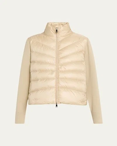 Moncler Quilted High Neck Two-material Cardigan With Feather Padding In Neutral