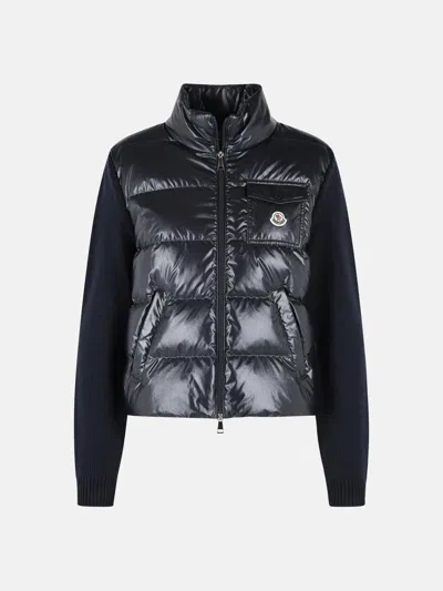 Moncler Padded Wool Cardigan With Navy Zip In Blue