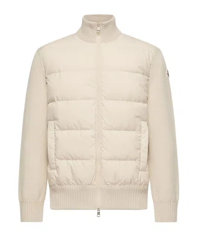 Moncler Shell-trimmed Ribbed Wool Down Zip-up Cardigan In Neutral