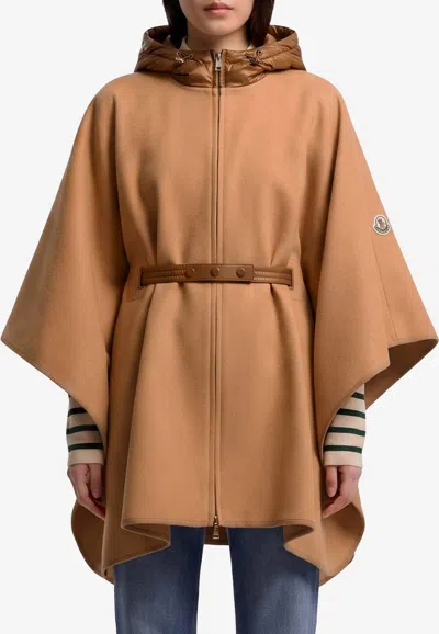 Moncler Padded Wool-blend Poncho In Brown