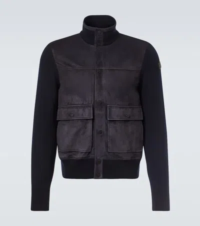 Moncler Paneled Suede And Wool Jacket In Blue