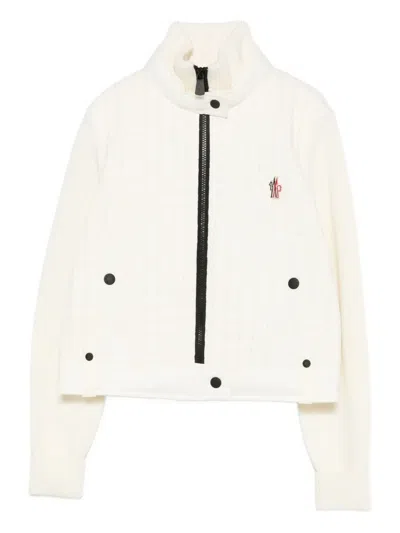 Moncler High Collar Knitted Jacket Pockets In Neutral