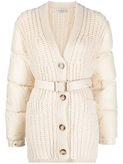 Moncler Panelled Padded Cashmere-wool Cardigan In Beige