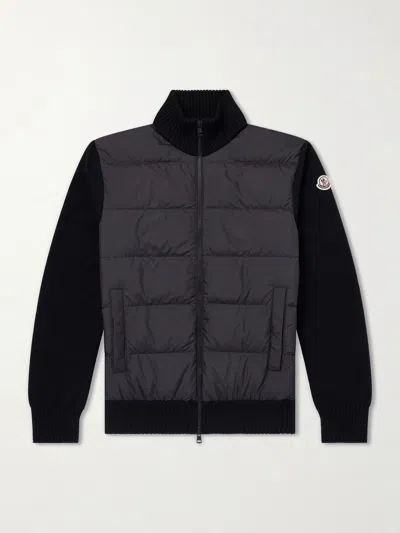 Moncler Panelled Virgin Wool And Quilted Shell Down Zip-up Cardigan In Black