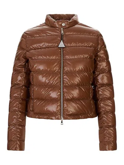 Moncler Papillon Short Down Jacket With Glossy Finish In Brown