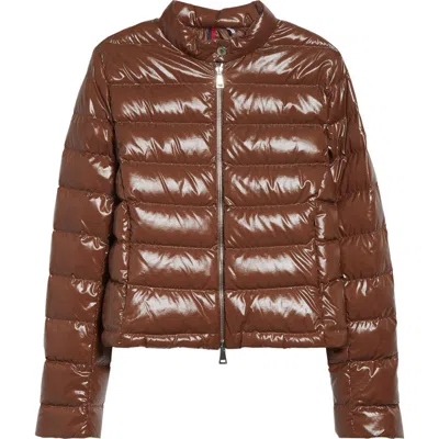 Moncler Papillon Short Down Jacket With Glossy Finish In Brown
